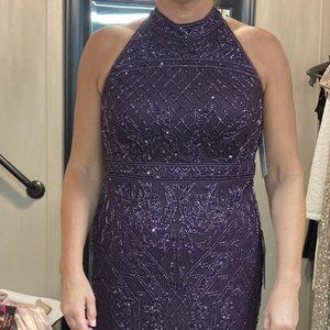 Adrianna Papell Mock Neck Beaded Column Dress with T-Back Purple